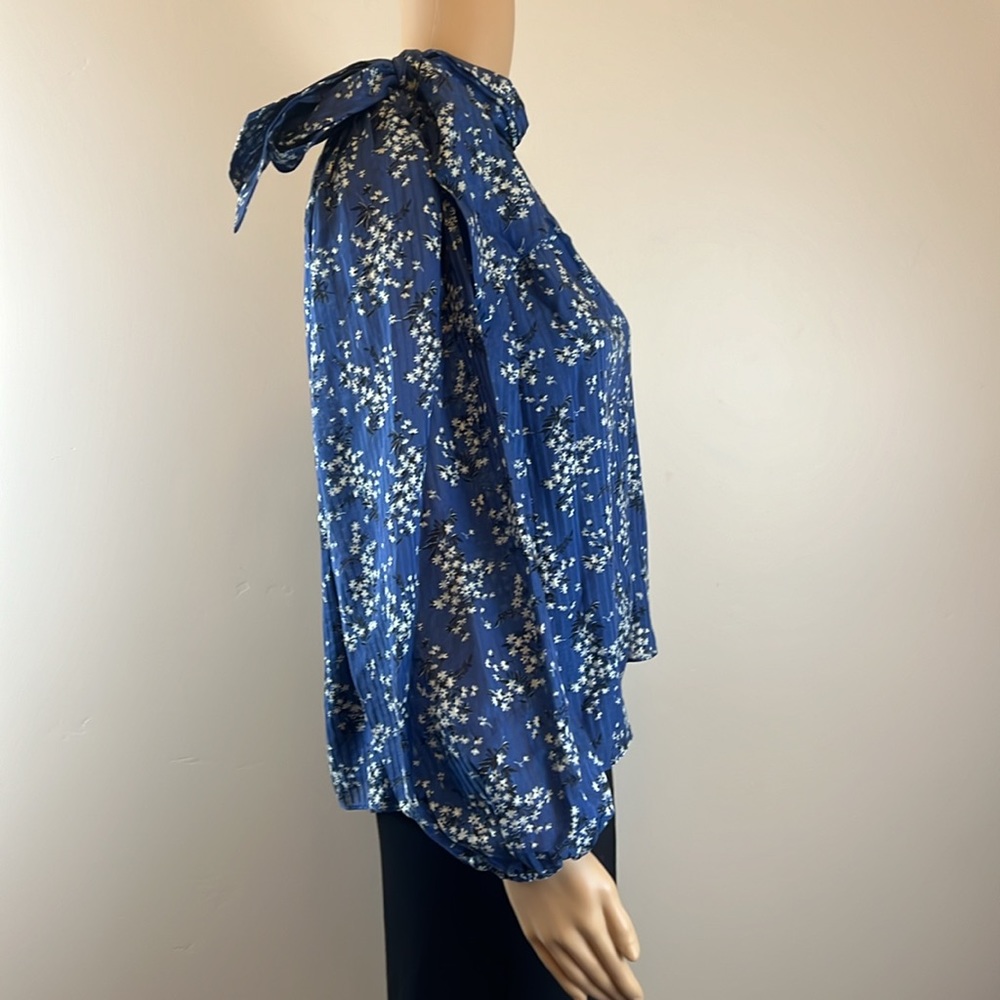 Ulla Johnson Blue Enid One Shoulder Floral Blouse With Bow Tie - Picture 8 of 11